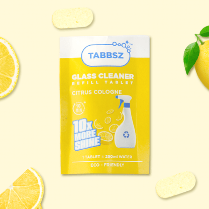 Tabbsz glass cleaner spray with a fresh citrus cologne scent, eco-friendly and natural ingredients for a streak-free, non-toxic cleaner, zero waste product, spray for glass cleaner