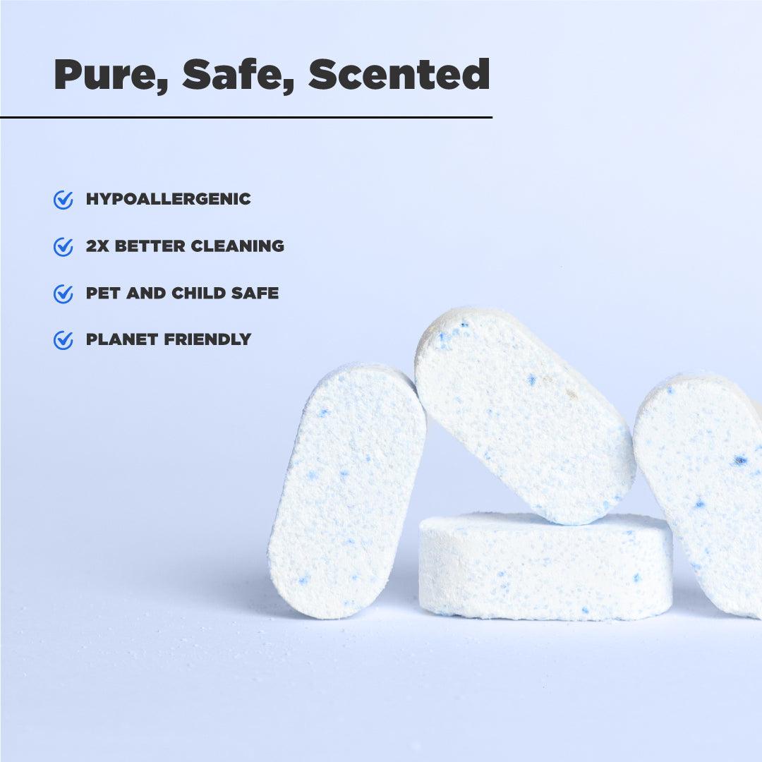 Tabbsz toilet cleaner tablets with hypoallergenic formula, offering 2x better cleaning; pet-safe, child-safe, and environmentally friendly solution for effective toilet bowl cleaning.