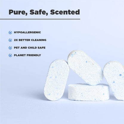 Tabbsz toilet cleaner tablets with hypoallergenic formula, offering 2x better cleaning; pet-safe, child-safe, and environmentally friendly solution for effective toilet bowl cleaning.