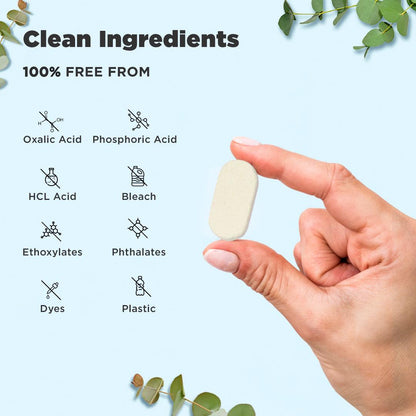 cleansingredients, 100percentfreefrom, oxalicacidfree, phosphoricacidfree, hclacidfree, bleachfree, ethoxylatefree, phthalatefree, dyesfree, plasticfree, safecleaningtablet, ecofriendlycleaner, non-toxiccleaner, tabbsz