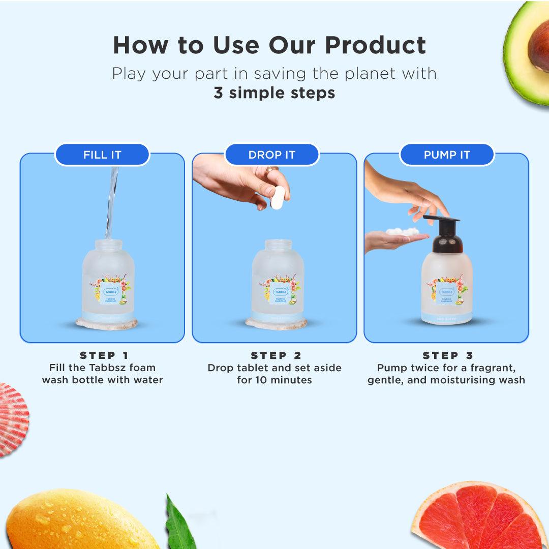 tabbsz, foam wash, assorted pack pack of 2,pack of 8,pack of 16,pack of 32, foam wash tablets, plastic free, nontoxic, child safe, skin friendly, zero waste, eco friendly, India's first foam wash tablet, shipping globally, sensitive skin foam wash, gentle foam wash for sensitive skin, refillable foam wash, best foam wash, affordable foam wash