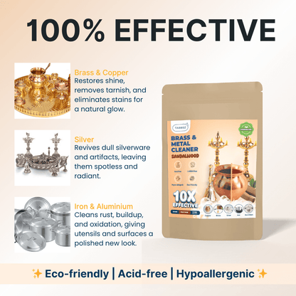 Eco-friendly brass and metal cleaner by TABBSZ – acid-free, hypoallergenic solution for cleaning brass, copper, silver, iron, and aluminium utensils, pooja items, and artifacts. Restores shine, removes tarnish, rust, and stains for a natural polished glow.