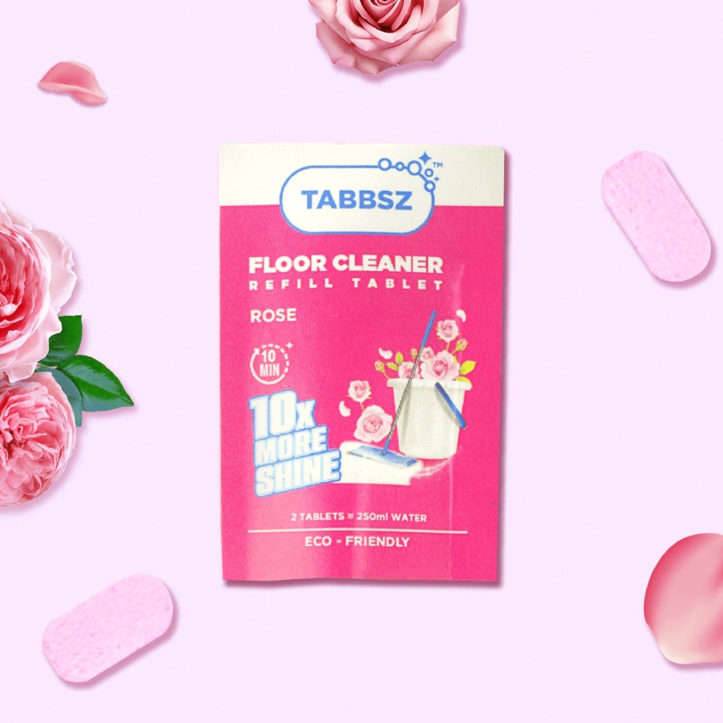 tabbsz, floor cleaner, rose, cleaning tablets, plastic free, non toxic, child safe, pet safe, zero waste, eco friendly, India's first cleaning tablet, global shipping, polish protect floor cleaner, yellow stain remover floor cleaner, sensitive skin cleaner, skin friendly,  pack of 2, pack of 8, pack of 16, pack of 32, pack of 64