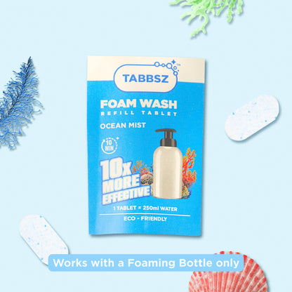 tabbsz, foam wash, foam wash tablets, plastic free, nontoxic, child safe, skin friendly, zero waste, eco friendly, India's first foam wash tablet, shipping globally, sensitive skin foam wash, gentle foam wash for sensitive skin, refillable foam wash, best foam wash, affordable foam wash, plastic-free soap, refillable foaming soap, Ocean Mist foam wash