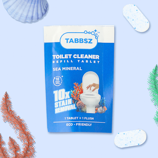 Tabbsz toilet cleaner refill tablet with sea mineral scent—eco-friendly formula offering 10x stain removal in just 10 seconds; 1 tablet equals 1 flush, sustainable and plastic-free toilet cleaning solution