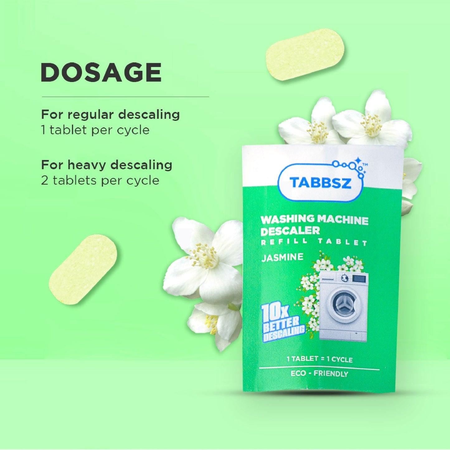Tabbsz Washing Machine Descaler, Eco-Friendly Jasmine Cleaning Tablet, Biodegradable and Non-Toxic Formula, Natural Limescale and Odour Remover, Sustainable Choice for Front and Top Load Machines, Plastic-Free Packaging
