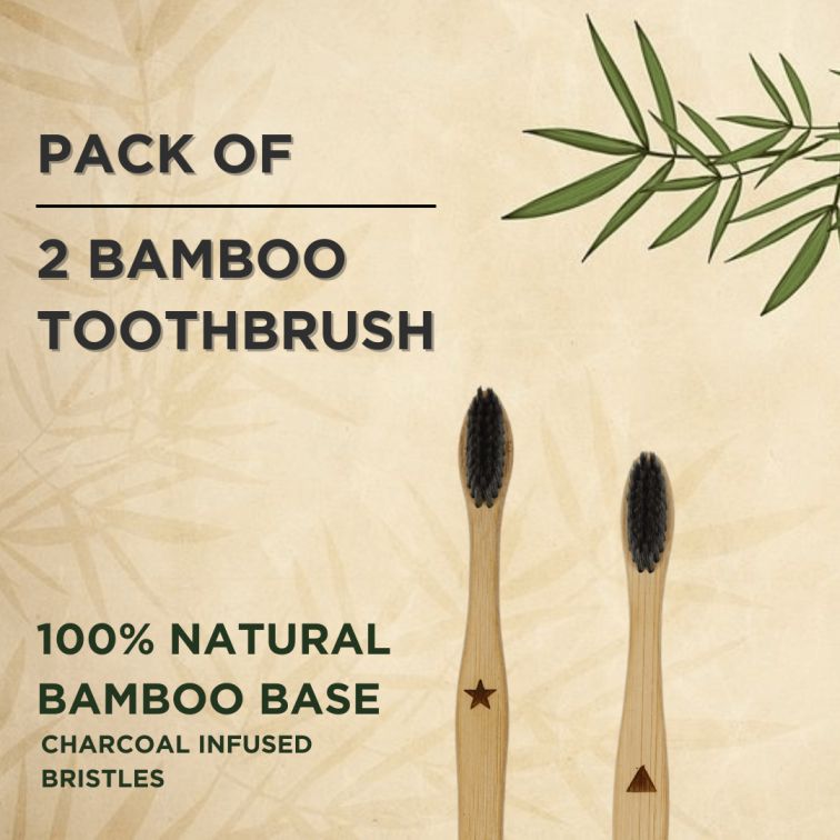 pack of 2 bamboo toothbrushes, natural bamboo toothbrush, charcoal infused bristles, eco-friendly toothbrush set, biodegradable toothbrush, sustainable bamboo toothbrush, bamboo toothbrush pack