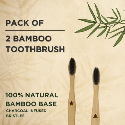 pack of 2 bamboo toothbrushes, natural bamboo toothbrush, charcoal infused bristles, eco-friendly toothbrush set, biodegradable toothbrush, sustainable bamboo toothbrush, bamboo toothbrush pack
