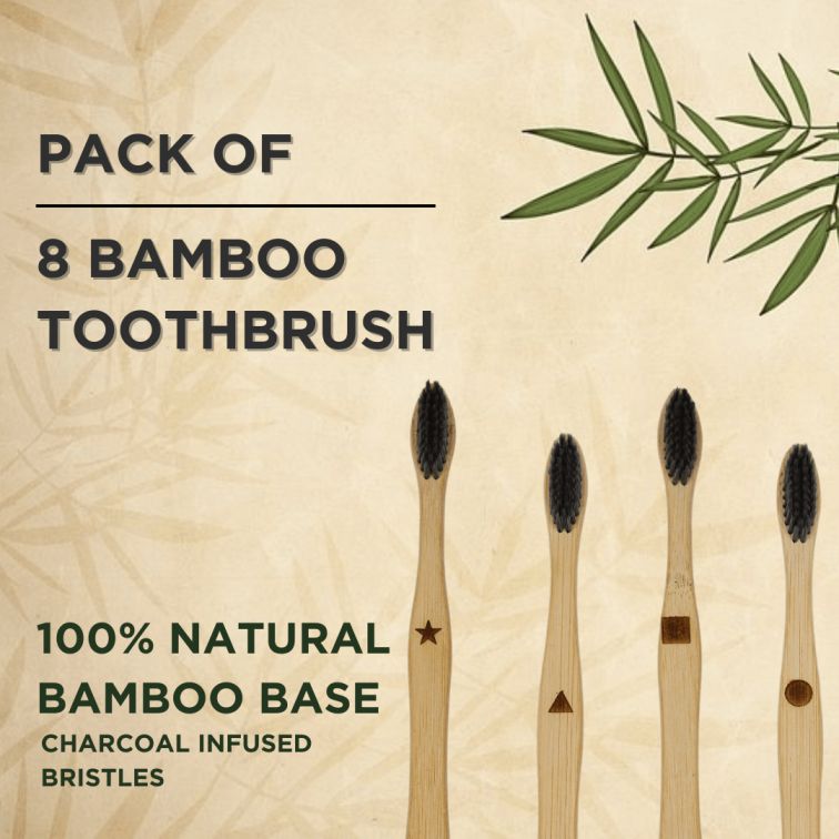 pack of 8 bamboo toothbrushes, bamboo toothbrush family pack, natural bamboo toothbrush, charcoal infused toothbrush, eco-friendly toothbrush set, biodegradable toothbrush pack, sustainable bamboo toothbrush