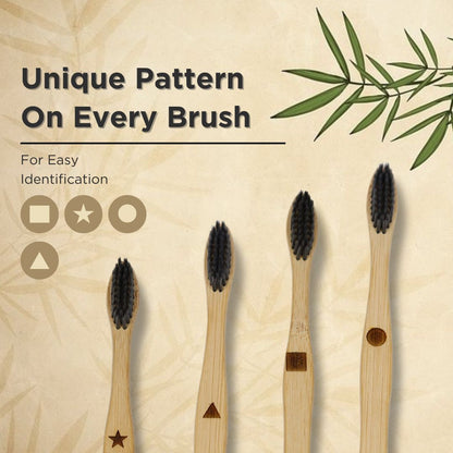 bamboo toothbrush unique pattern, easy identification toothbrush, engraved bamboo toothbrush, bamboo toothbrush with symbols, eco-friendly bamboo toothbrush set, sustainable bamboo toothbrush